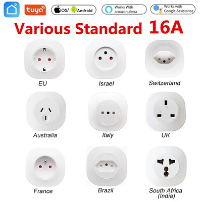 16A Tuya WIFI Plug Smart life Socket Outlet UK EU AU Brazil FR Israel IT Plug APP Дистанционно управление Работи за Alexa Google Assistant