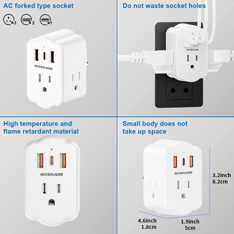 KOSHARE Dienvidāfrikas spraudņa adapteris, strāvas adapteris ar 3 maiņstrāvas kontaktligzdām 3 USB porti, ceļojumu adapteris no ASV uz Dienvidāfriku, Botsvānu