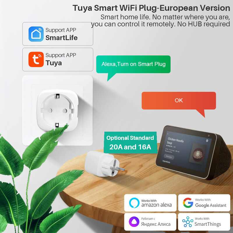 16A/20A Tuya Smart Socket EU Wifi Smart Plug Strāvas kontaktligzda ar strāvas monitoru Darbojas ar Alice Alexa Google Home SmartThings
