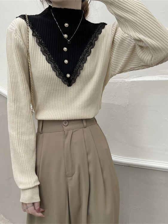 Dizajnerski lažni čipkasti pulover s polu visokim ovratnikom, dvodijelni, ženska potkošulja, proljeće 2024., šik džemper novog stila