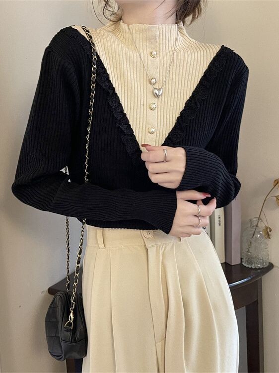 Dizajnerski lažni čipkasti pulover s polu visokim ovratnikom, dvodijelni, ženska potkošulja, proljeće 2024., šik džemper novog stila