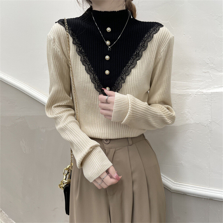 Dizajnerski lažni čipkasti pulover s polu visokim ovratnikom, dvodijelni, ženska potkošulja, proljeće 2024., šik džemper novog stila