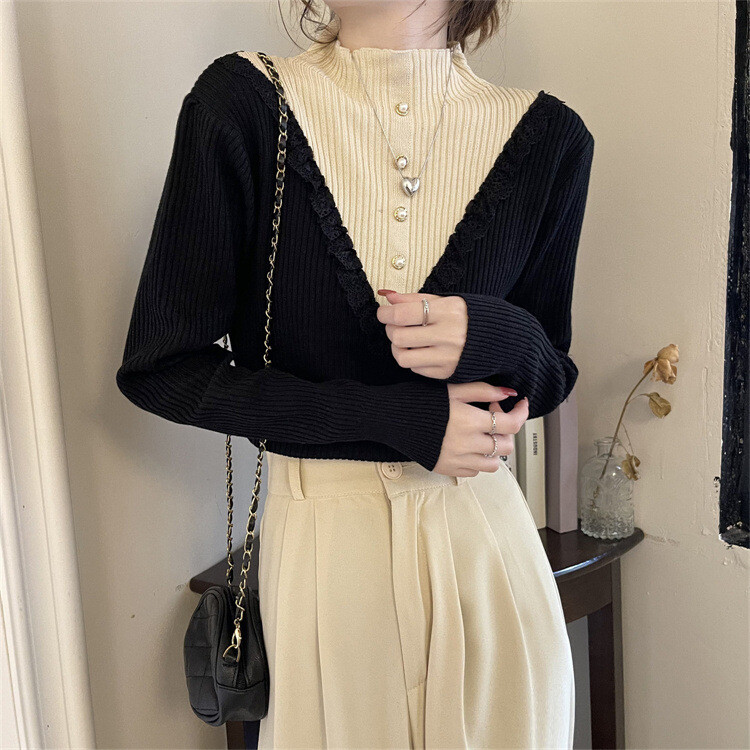 Dizajnerski lažni čipkasti pulover s polu visokim ovratnikom, dvodijelni, ženska potkošulja, proljeće 2024., šik džemper novog stila