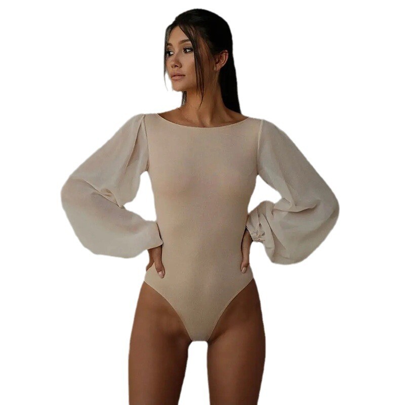 2024. Europski i američki prekogranični novi ženski modni modni tanki jednobojni seksi prozirni kombinezon dugih rukava s okruglim izrezom