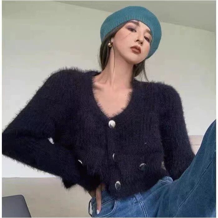 Rožinis V formos kaklo megztinis, seksualūs gryno geidulio stiliaus marškinėliai, rudens ir žiemos, nauji 2024 m., Korėjietiško stiliaus megztinis ilgomis rankovėmis