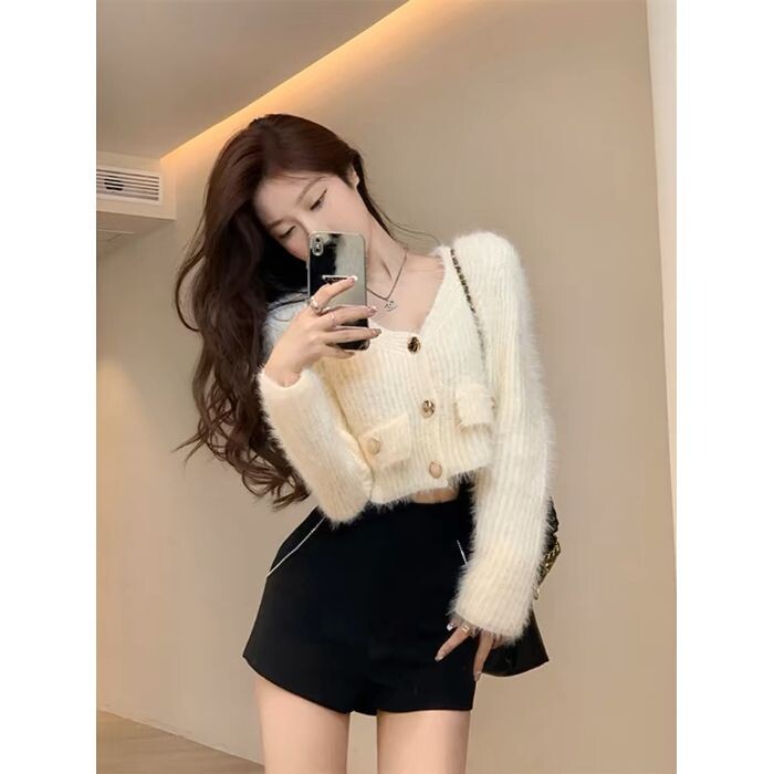 Rožinis V formos kaklo megztinis, seksualūs gryno geidulio stiliaus marškinėliai, rudens ir žiemos, nauji 2024 m., Korėjietiško stiliaus megztinis ilgomis rankovėmis