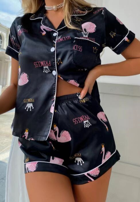 Ženska ljetna pidžama, nova slatka i slatka 5050 imitacija svilenog prsluka na preklop, kratke hlače kratkih rukava, kućna odjeća, dvodijelni set