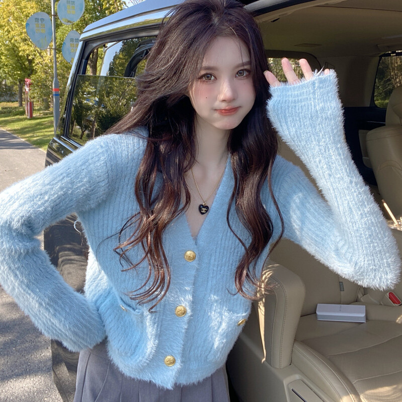 Megztas moteriškas megztinis, imituojantis audinės trumpas paltas Moteriškas universalus vienspalvis megztas gryno geismo stiliaus megztinis