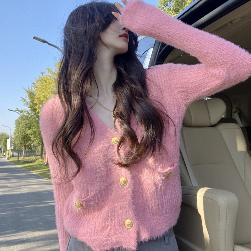 Megztas moteriškas megztinis, imituojantis audinės trumpas paltas Moteriškas universalus vienspalvis megztas gryno geismo stiliaus megztinis