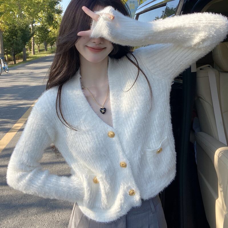 Megztas moteriškas megztinis, imituojantis audinės trumpas paltas Moteriškas universalus vienspalvis megztas gryno geismo stiliaus megztinis