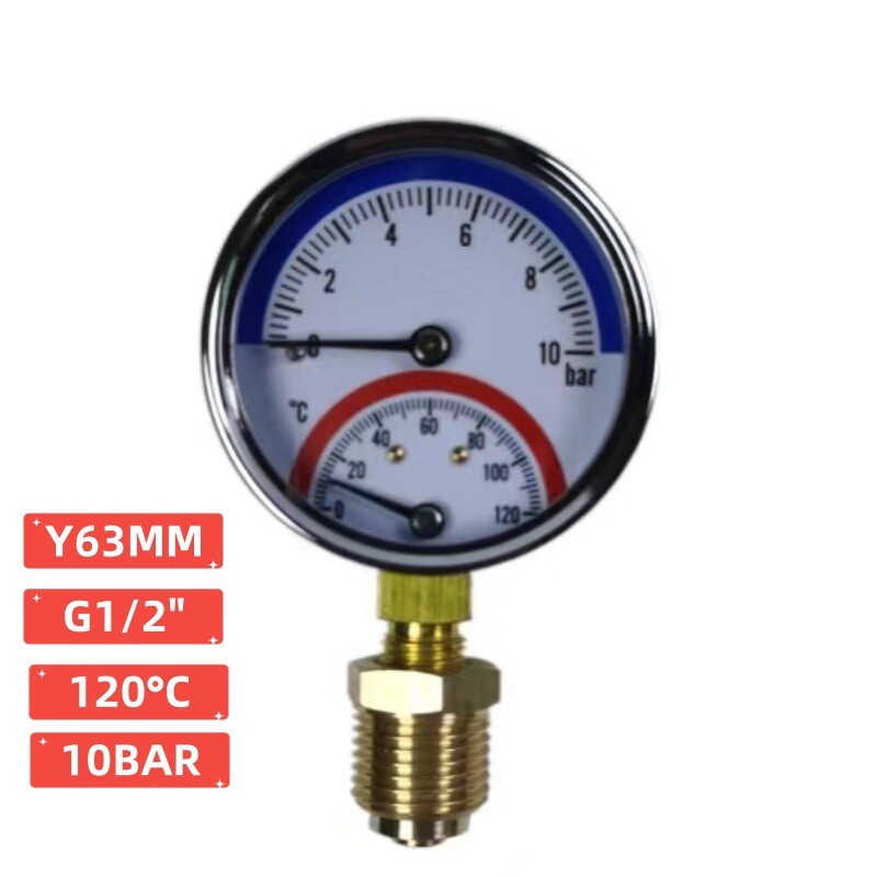 Temperatūros ir slėgio matuoklis Y63 ašies radialinis 10-16BAR grindų šildymo prietaisas vandens skirstytuvas manometras įmontuotas temperatūros ir slėgio matuoklis