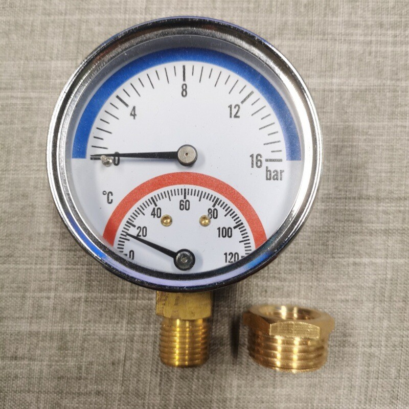 Temperatūros ir slėgio matuoklis Y63 ašies radialinis 10-16BAR grindų šildymo prietaisas vandens skirstytuvas manometras įmontuotas temperatūros ir slėgio matuoklis