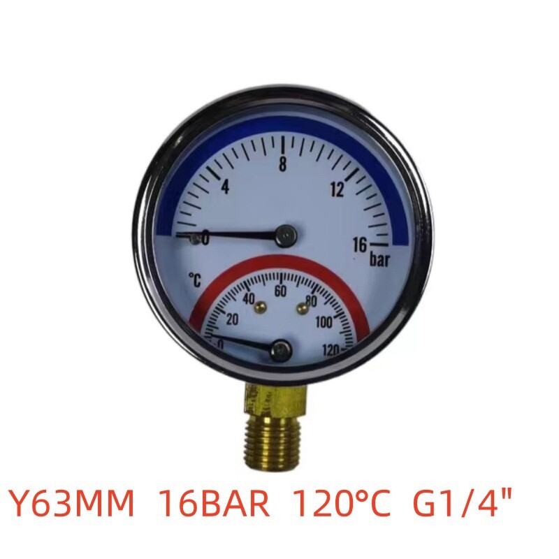 Temperatūros ir slėgio matuoklis Y63 ašies radialinis 10-16BAR grindų šildymo prietaisas vandens skirstytuvas manometras įmontuotas temperatūros ir slėgio matuoklis