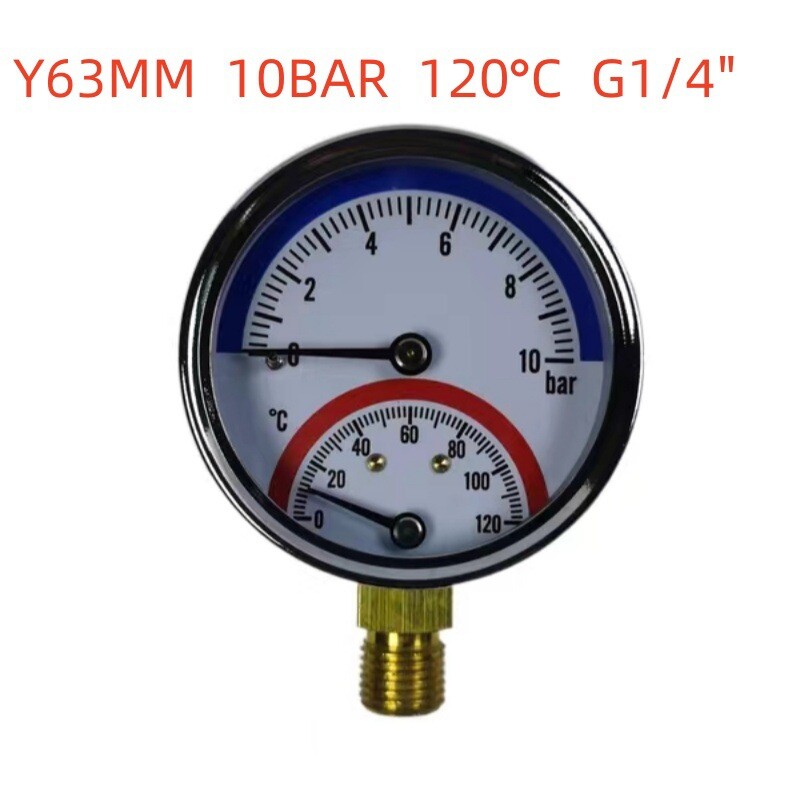 Temperatūros ir slėgio matuoklis Y63 ašies radialinis 10-16BAR grindų šildymo prietaisas vandens skirstytuvas manometras įmontuotas temperatūros ir slėgio matuoklis