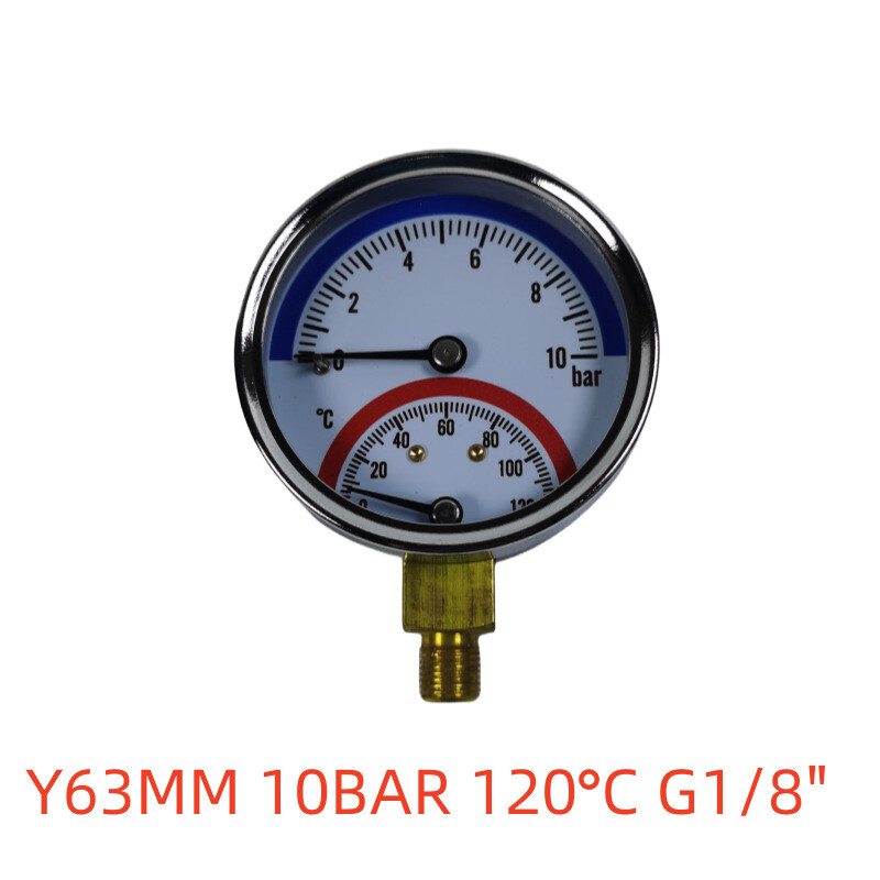 Temperatūros ir slėgio matuoklis Y63 ašies radialinis 10-16BAR grindų šildymo prietaisas vandens skirstytuvas manometras įmontuotas temperatūros ir slėgio matuoklis