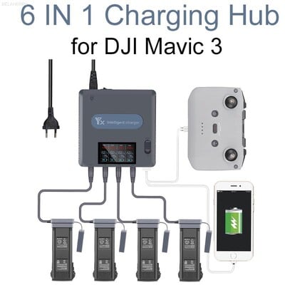 6 vienā digitālā displeja akumulatora lādētājs DJI Mavic 3 drone akumulatora uzlādes centrmezglam Ātrs vieds akumulatora lādētājs ar USB adapteri