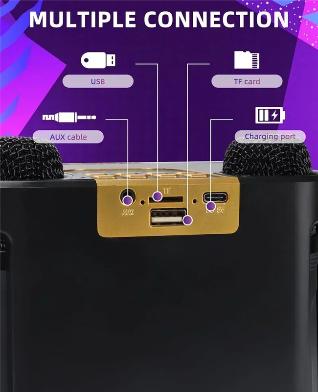 Високомощен караоке Bluetooth високоговорител Преносим 360 стерео съраунд безжичен субуфер с 2 микрофона Boombox Подарък за детски дом