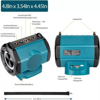 Bluetooth високоговорител за Makita 18V литиево-йонна батерия с USB Type-C порт Безжичен малък високоговорител за работни места, дома и партита