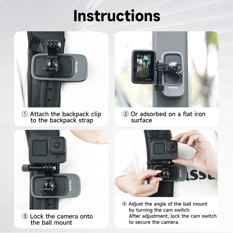 Suport cu clemă pentru rucsac magnetic cu rotație de 360° TELESIN pentru GoPro Hero 13 12 11 10 9 8 7 Insta360 Accesorii pentru camera de acțiune DJI