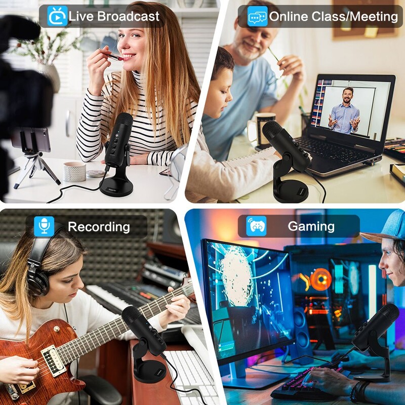 USB mikrofon za PC Mac Igranje Snimanje Streaming Podcasting, Računalni kondenzatorski mikrofon s adapterom za telefon Izlaz za slušalice