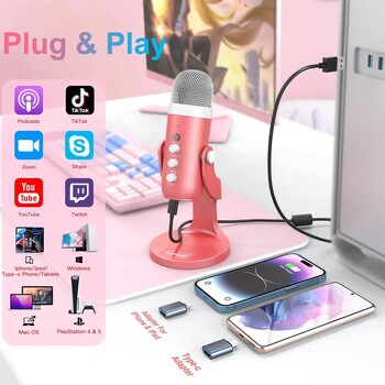 USB Condenser Μικρόφωνο Pink Studio Μικρόφωνο εγγραφής για PC Mac Υπολογιστής Τηλέφωνο Gaming Streaming Podcasting Φωνητικά Laptop Desktop