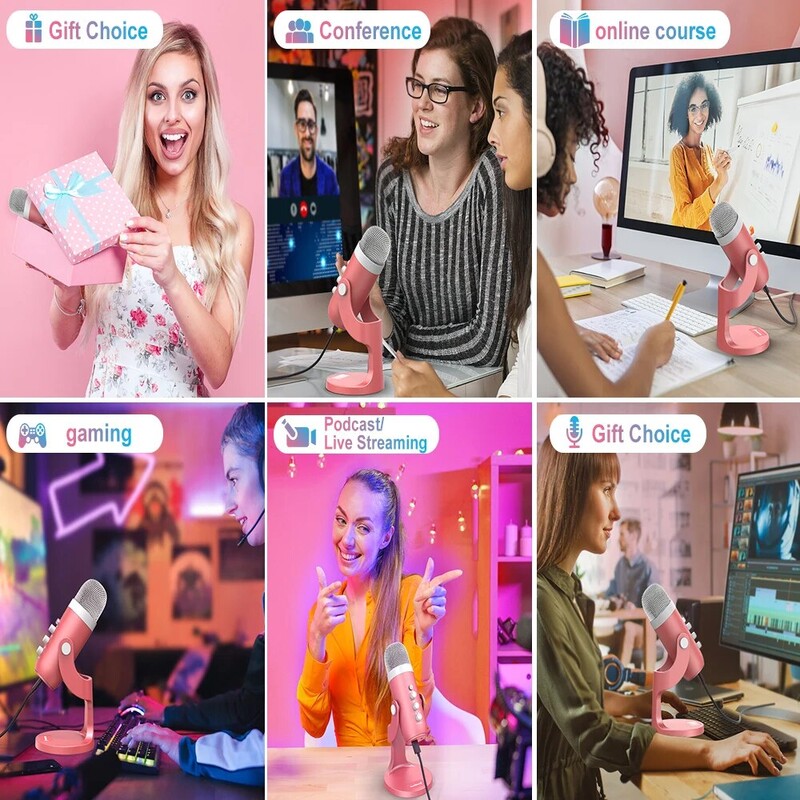 Microfon cu condensator USB Mic de înregistrare studio roz pentru PC Mac Computer Telefon Jocuri Streaming Podcasting Voce Laptop Desktop