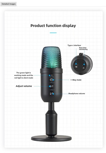 Επαγγελματικό συμπυκνωτή USB RGB ενσύρματο μικρόφωνο για εγγραφή υπολογιστή και φωνητικά YouTube Podcast σε υπολογιστή και Mac