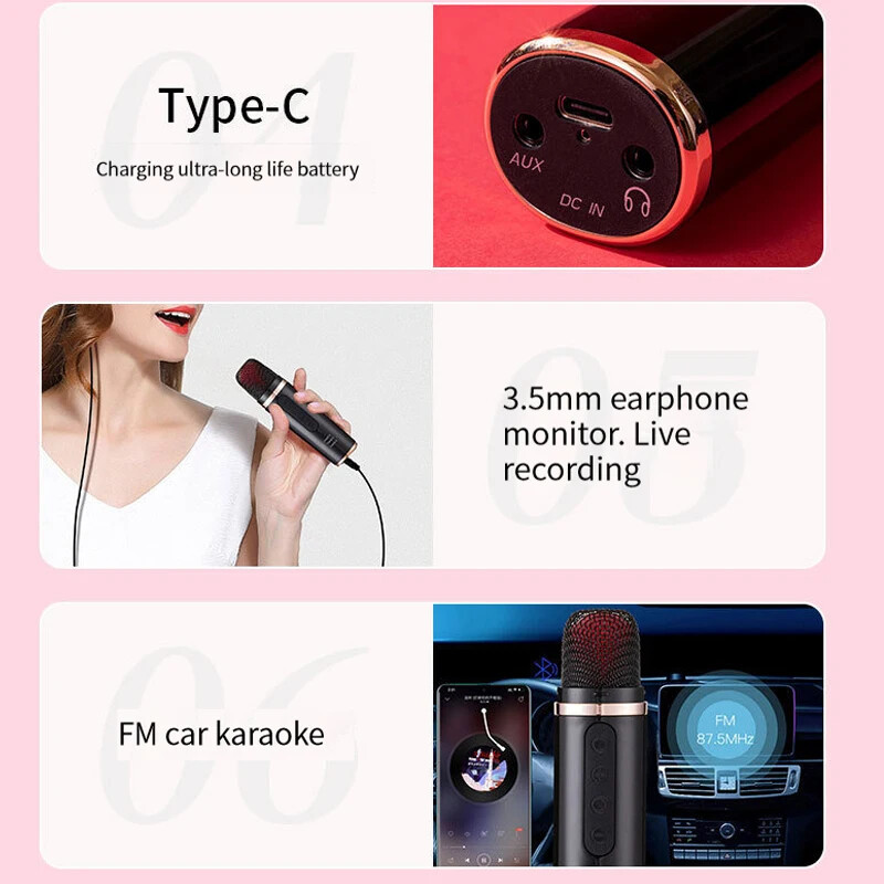 Mini player portabil cu microfon Karaoke Bluetooth pentru mașină Înregistrare melodii Echipament de transmisie live FM Cars Mic fără fir
