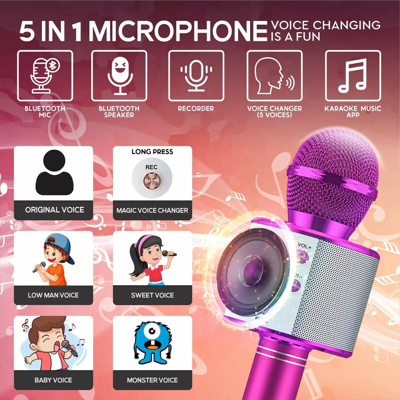 Bežični Bluetooth karaoke mikrofon, 5-u-1 ručni mikrofon, zvučnik, glazbeni player, snimač za karaoke zabavu, vjenčanje