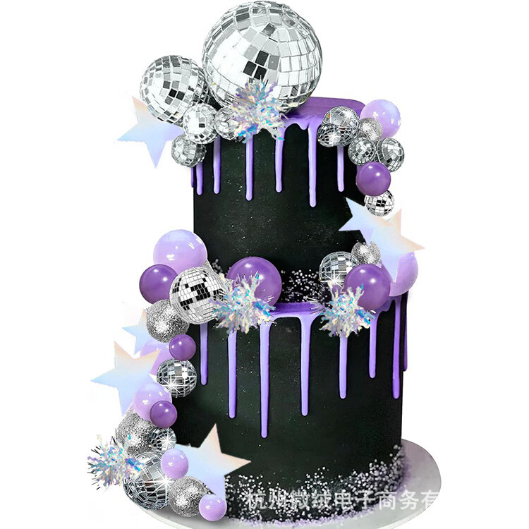 Violetinė diskotekos rutulinio torto puošmena veidrodis atspindintis rutulys rožinis violetinis diskotekų vakarėlio žvaigždės tortas