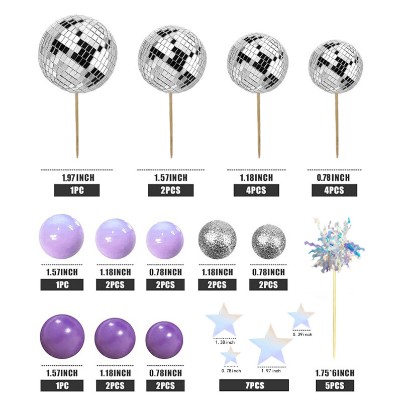 Violetinė diskotekos rutulinio torto puošmena veidrodis atspindintis rutulys rožinis violetinis diskotekų vakarėlio žvaigždės tortas
