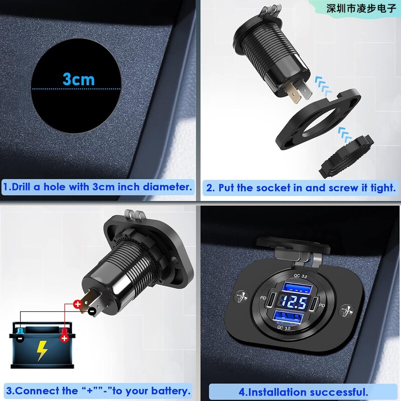 4-port dual PD+dual QC3.0 digitalni zaslon, brzo punjenje, auto punjač, aluminijska legura, auto, RV, modifikacija jahte, USB