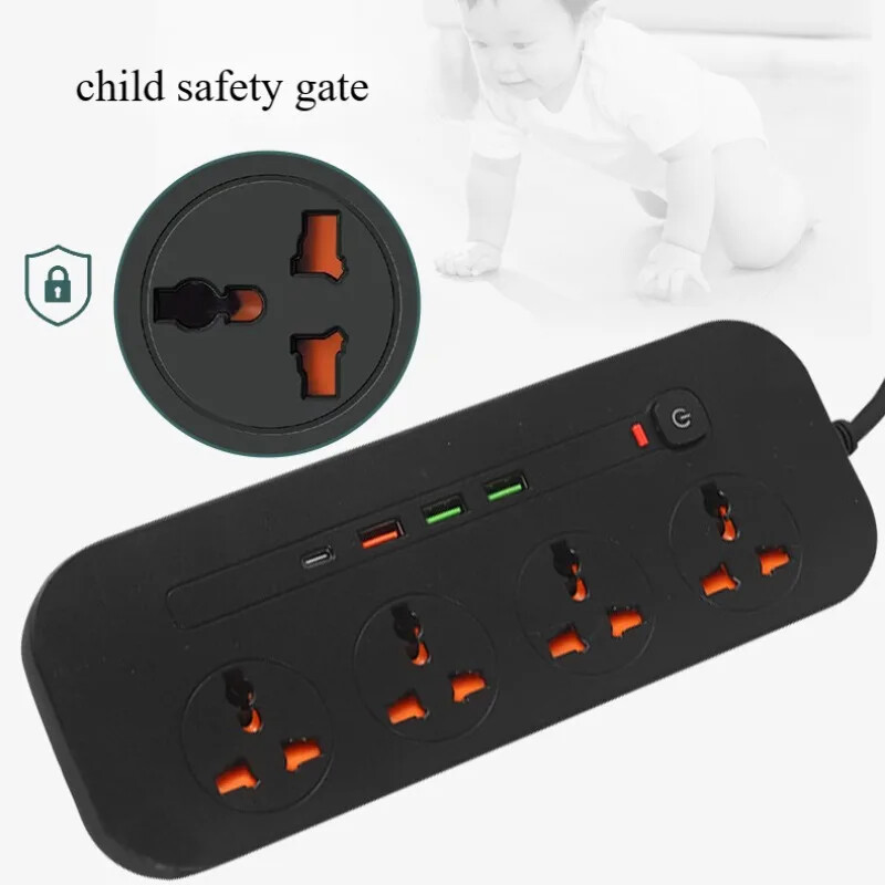 Razdjelnik za napajanje EU UK US utikač Prenaponska zaštita Utičnica 2 m produžni kabel s 3 USB 1 Type-C priključka 3/4 utičnice Univerzalna utičnica za dom