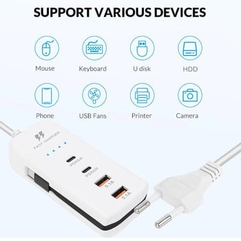 Πρίζα πρίζας ΗΠΑ/ΕΕ Ηλεκτρική πρίζα 2PD & 2USB Πολλαπλές θύρες Προέκταση καλωδίου Βύσματα Προσαρμογείς Υποδοχές γρήγορης φόρτισης