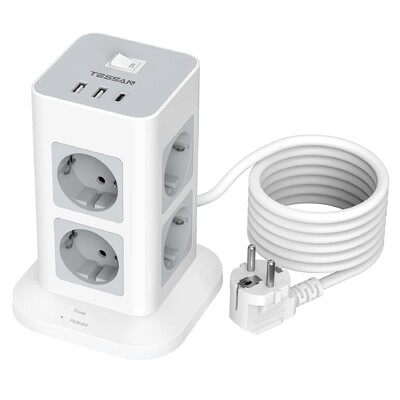 TESSAN Tower Power Strip Multi Outlets with 2 USB +1 Type C 2M Extension Cable EU Plug Вертикален електрически контакт Защита от пренапрежение