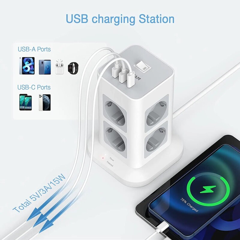 TESSAN Tower Power Strip Multi Outlets with 2 USB +1 Type C 2M Extension Cable EU Plug Вертикален електрически контакт Защита от пренапрежение