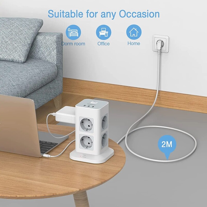 TESSAN Tower Power Strip Multi Outlets with 2 USB +1 Type C 2M Extension Cable EU Plug Вертикален електрически контакт Защита от пренапрежение