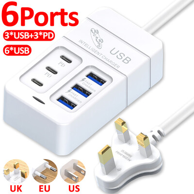 6 prievadų kelių prievadų maitinimo juosta ES / JAV / JK kištuko ilgintuvo laido elektros lizdas 6USB / 3USB 3 tipo C PD greito įkrovimo kištukų adapteriai