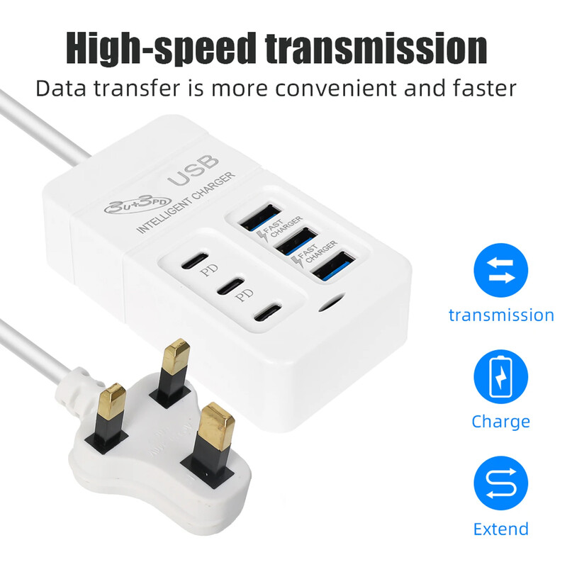 6-pordiline mitme pordiga toitejuhe EL/USA/UK pistiku pikendusjuhtme elektripistikupesa 6USB/3USB 3 tüüpi C PD kiirlaadimispistikute adapterid