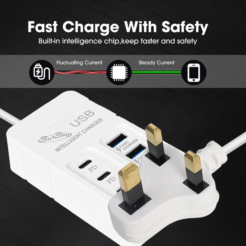 6-pordiline mitme pordiga toitejuhe EL/USA/UK pistiku pikendusjuhtme elektripistikupesa 6USB/3USB 3 tüüpi C PD kiirlaadimispistikute adapterid