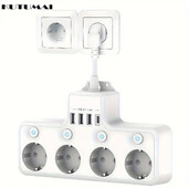 Разклонител 4 изхода 4 USB порта Щепсел за монтиране на стена с удължителен кабел Захранващ контакт Предпазител от пренапрежение Мултиизход за бързо зареждане