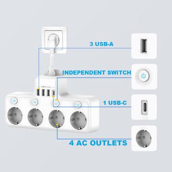 Πολύπριζο 4 πρίζες 4 θύρες USB Βύσμα επιτοίχιας βάσης με καλώδιο επέκτασης Υποδοχή τροφοδοσίας υπέρτασης Πρίζα πολλαπλής γρήγορης φόρτισης