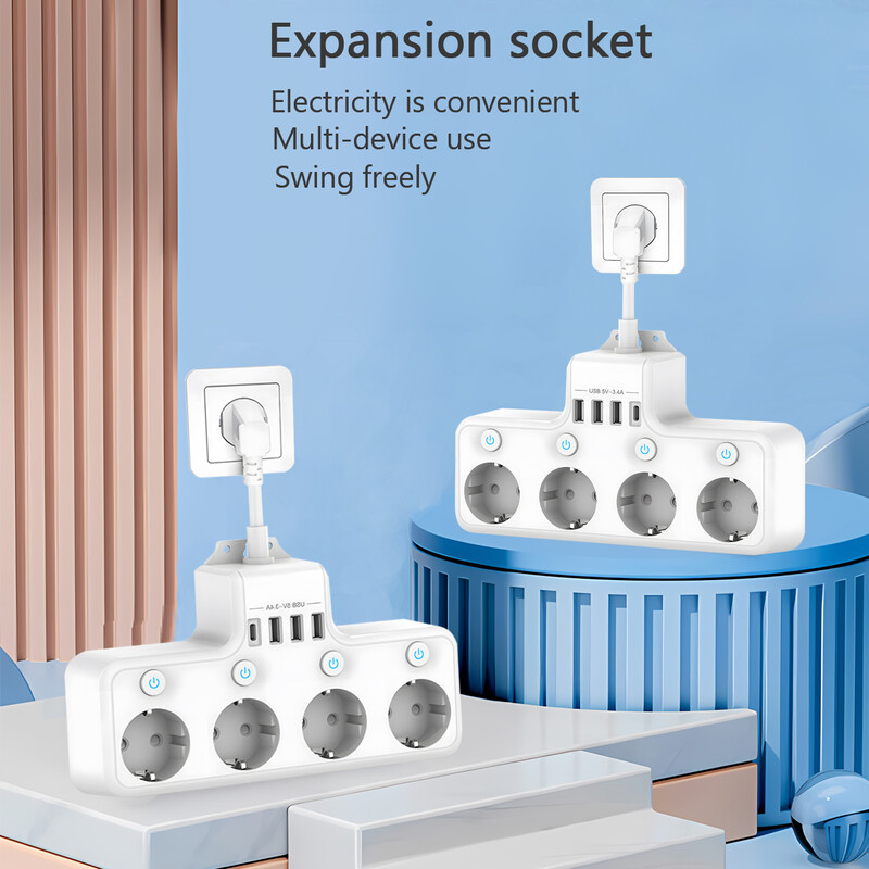 Разклонител 4 изхода 4 USB порта Щепсел за монтиране на стена с удължителен кабел Захранващ контакт Предпазител от пренапрежение Мултиизход за бързо зареждане