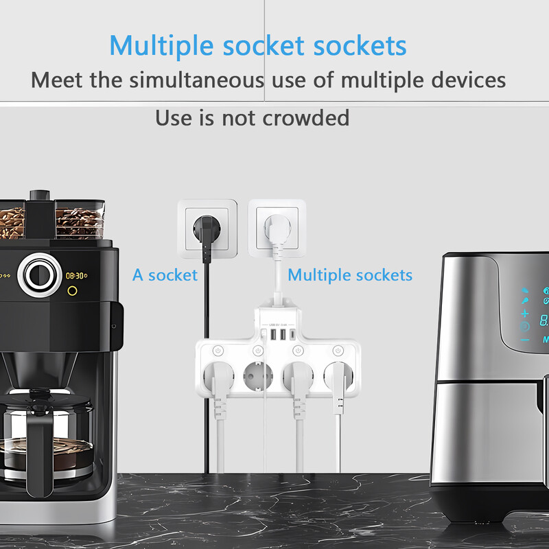 Разклонител 4 изхода 4 USB порта Щепсел за монтиране на стена с удължителен кабел Захранващ контакт Предпазител от пренапрежение Мултиизход за бързо зареждане
