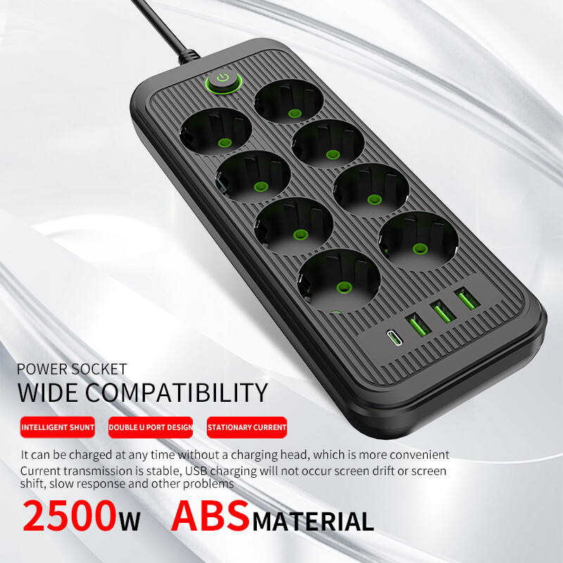 Smart Power Strip EU utikač AC utičnica Multiprise produžni kabel Električna utičnica Mrežni filtar s 3USB tipa C PD Brzo punjenje