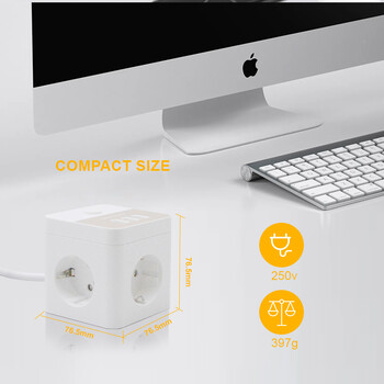 EU Cube Extension Cord Power Socket Multi-Outlet Power Strip с 3 AC контакта и 3 USB с превключвател 1,5 м кабел за домашен офис