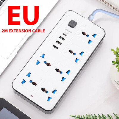Univerzálny napájací kábel s viacerými odbočkami, zásuvka EU, US, UK a 2 m predlžovací kábel, AC typ C, USB port, nabíjanie, elektrická zásuvka