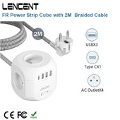 LENCENT FR Power Strip Strip Cube с 4 AC контакта 3 USB порта 1 Type C 2M Braided Cabe Захранващ адаптер с много гнезда и превключвател за дома