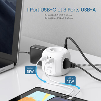 LENCENT FR Power Strip Cube με 4 πρίζα AC 3 θύρα USB 1 Type C 2M πλεκτό Cabe Μετασχηματιστής πολλαπλών πριζών με διακόπτη για το σπίτι