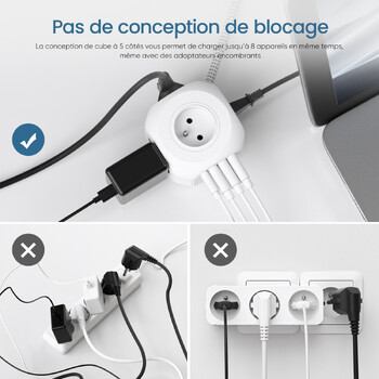 LENCENT FR Power Strip Cube με 4 πρίζα AC 3 θύρα USB 1 Type C 2M πλεκτό Cabe Μετασχηματιστής πολλαπλών πριζών με διακόπτη για το σπίτι